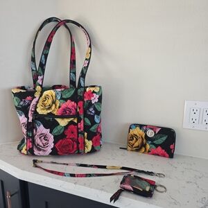 Vera Bradley Black Quilted Havana Rose Floral Tote Purse With Wallet And Lanyard
